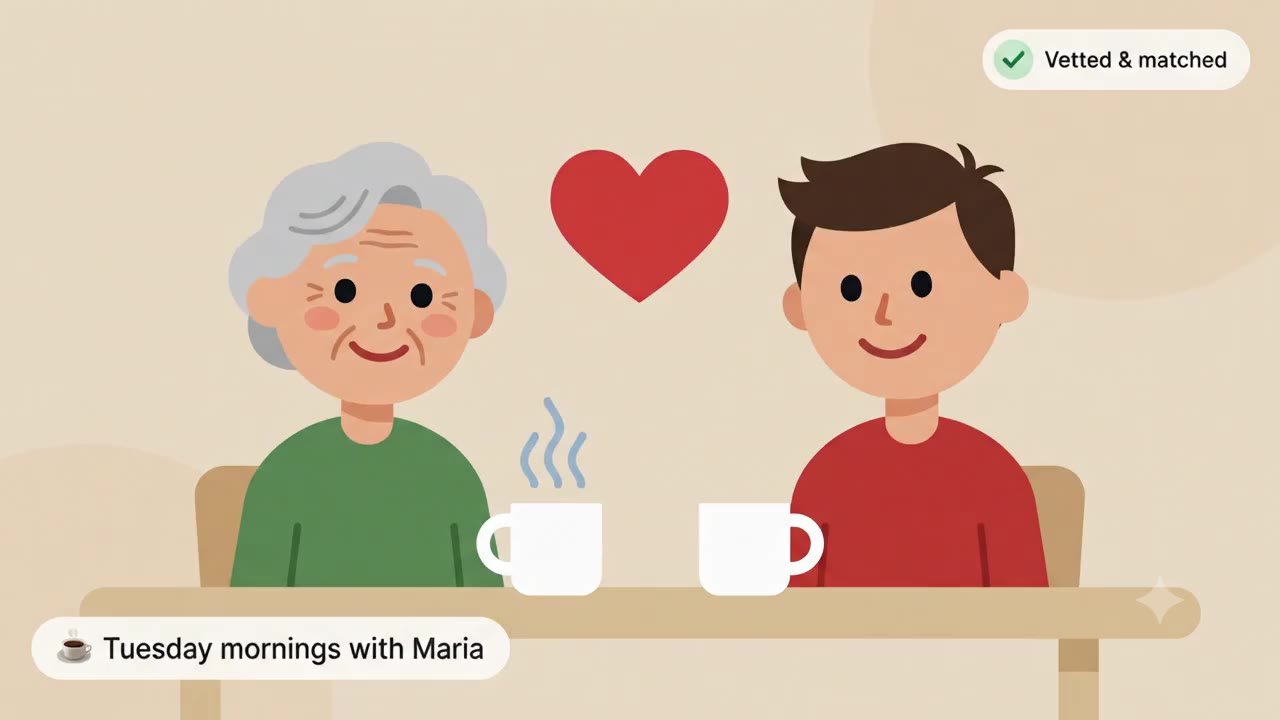 An older adult and a younger companion sharing coffee at a table
